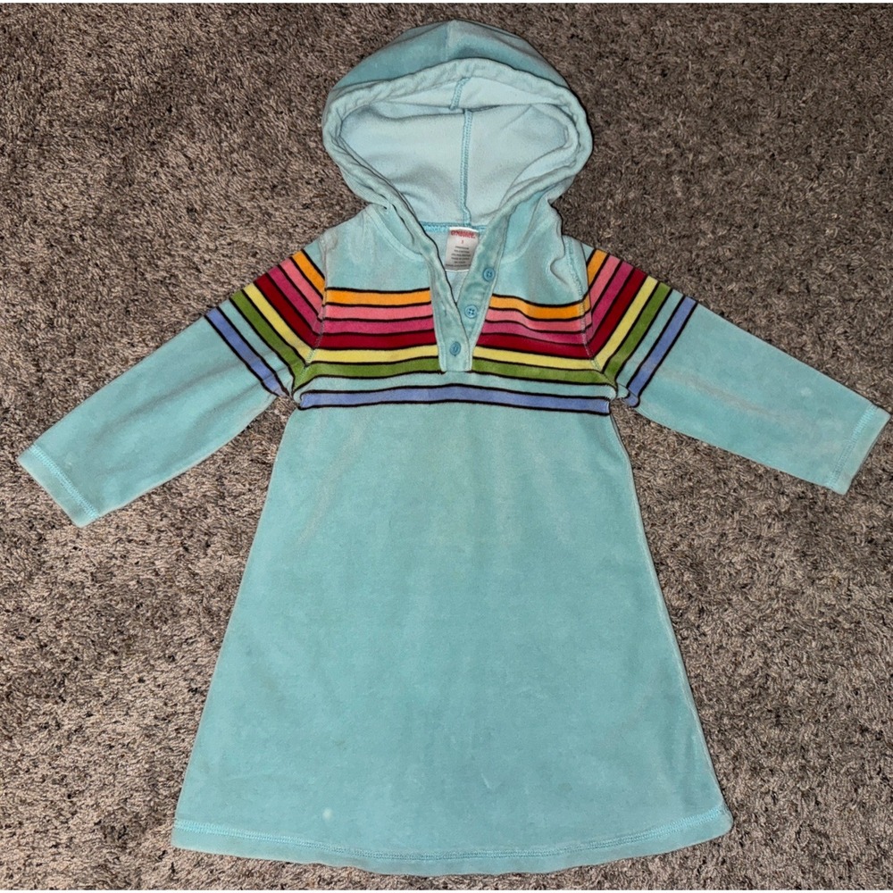 Gymboree Blue Fleece Dress With Hood Rainbow Stripes 2005 Dress Size 3 - Picture 4 of 6